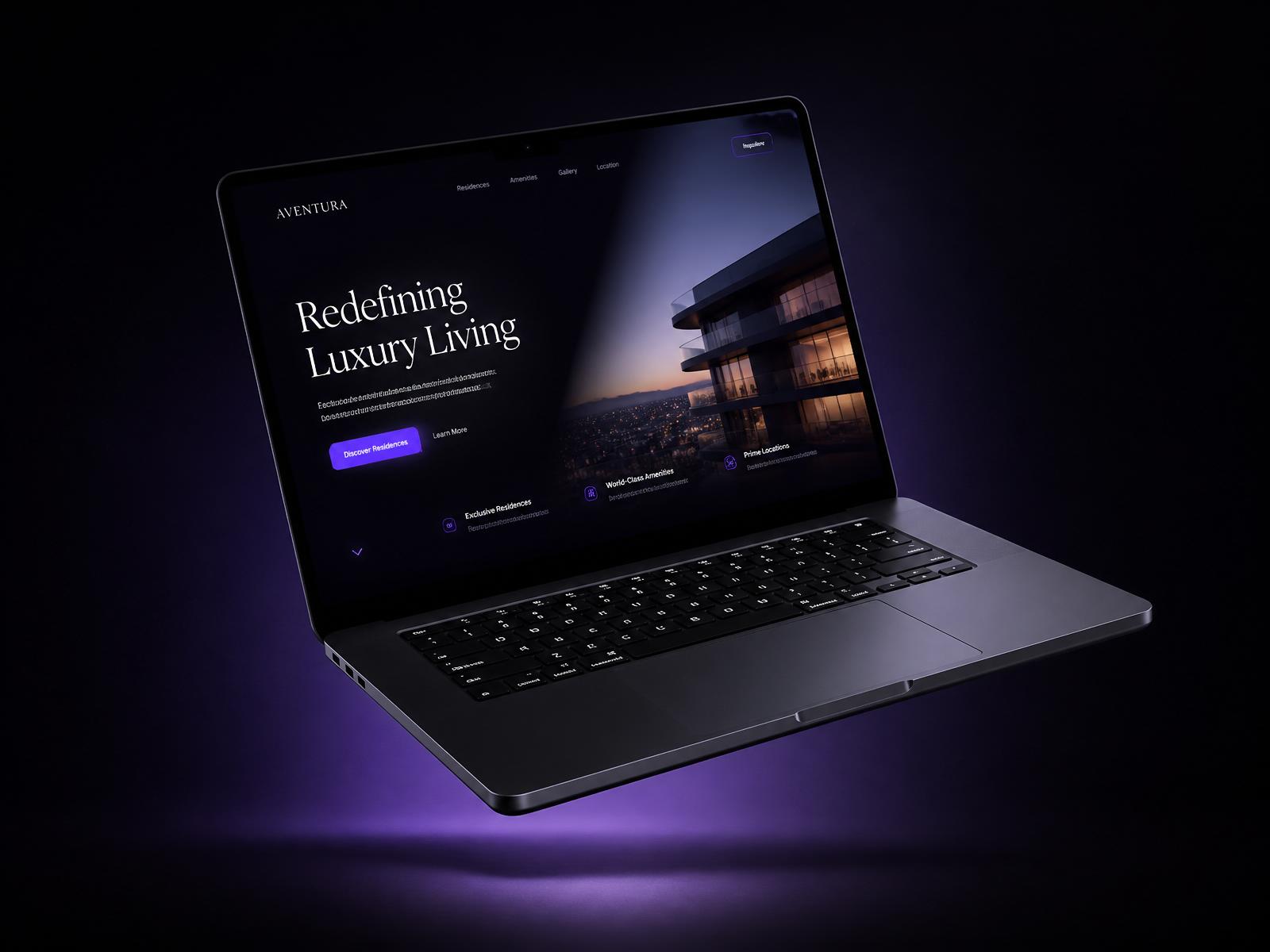 Premium website design displayed on a floating laptop